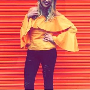 Yellow off-shoulder bell sleeve top